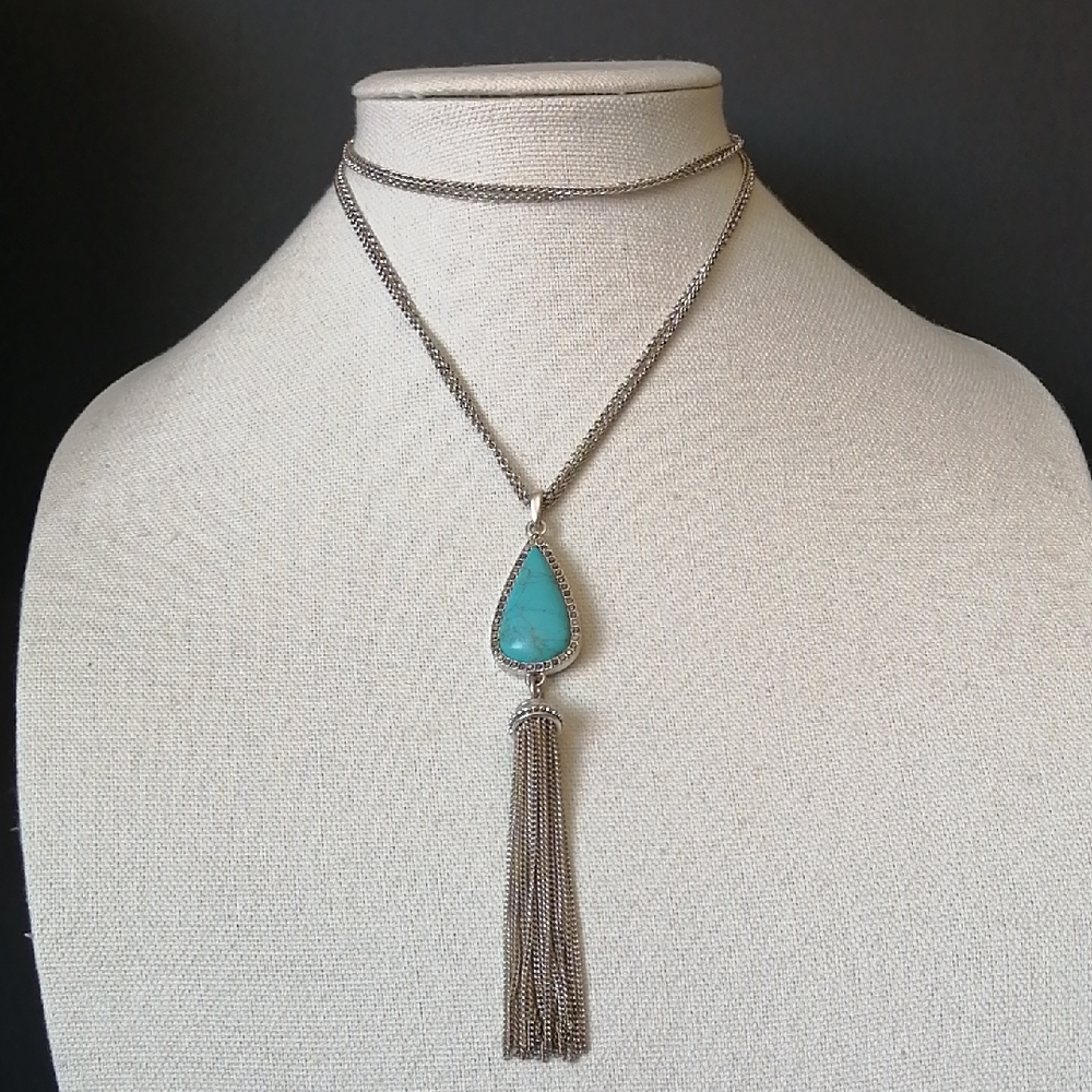 Faux Turquoise Teardrop Tassel Southwes Style Silver Chain Necklace